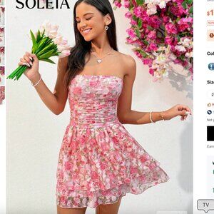 SHEIN Floral Printed Pleated Strapless Dress